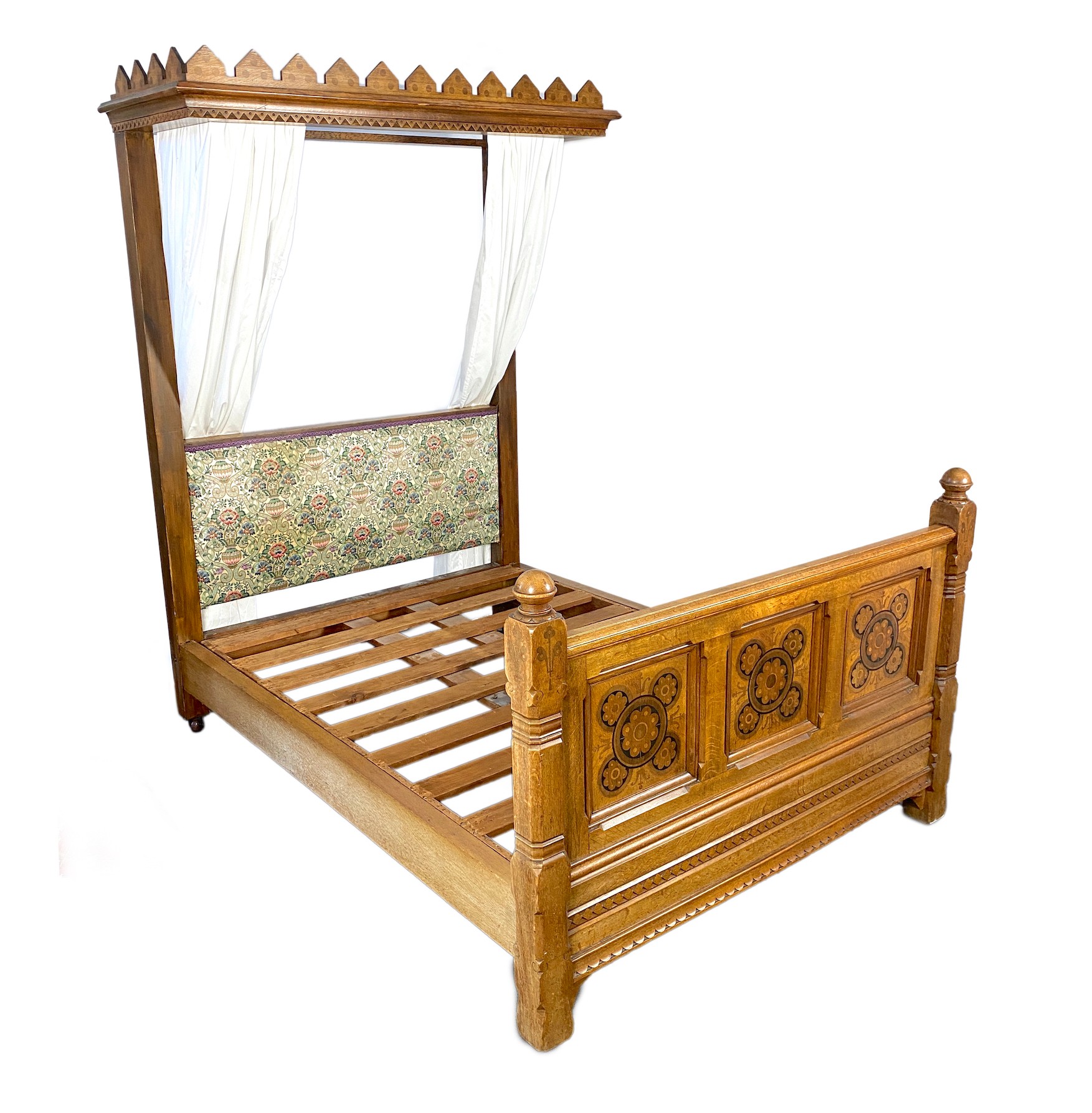 Charles Bevan probably for Marsh & Jones, Leeds. An Arts & Crafts pollard oak and marquetry half tester bed, width 156cm length 213cm height 226cm